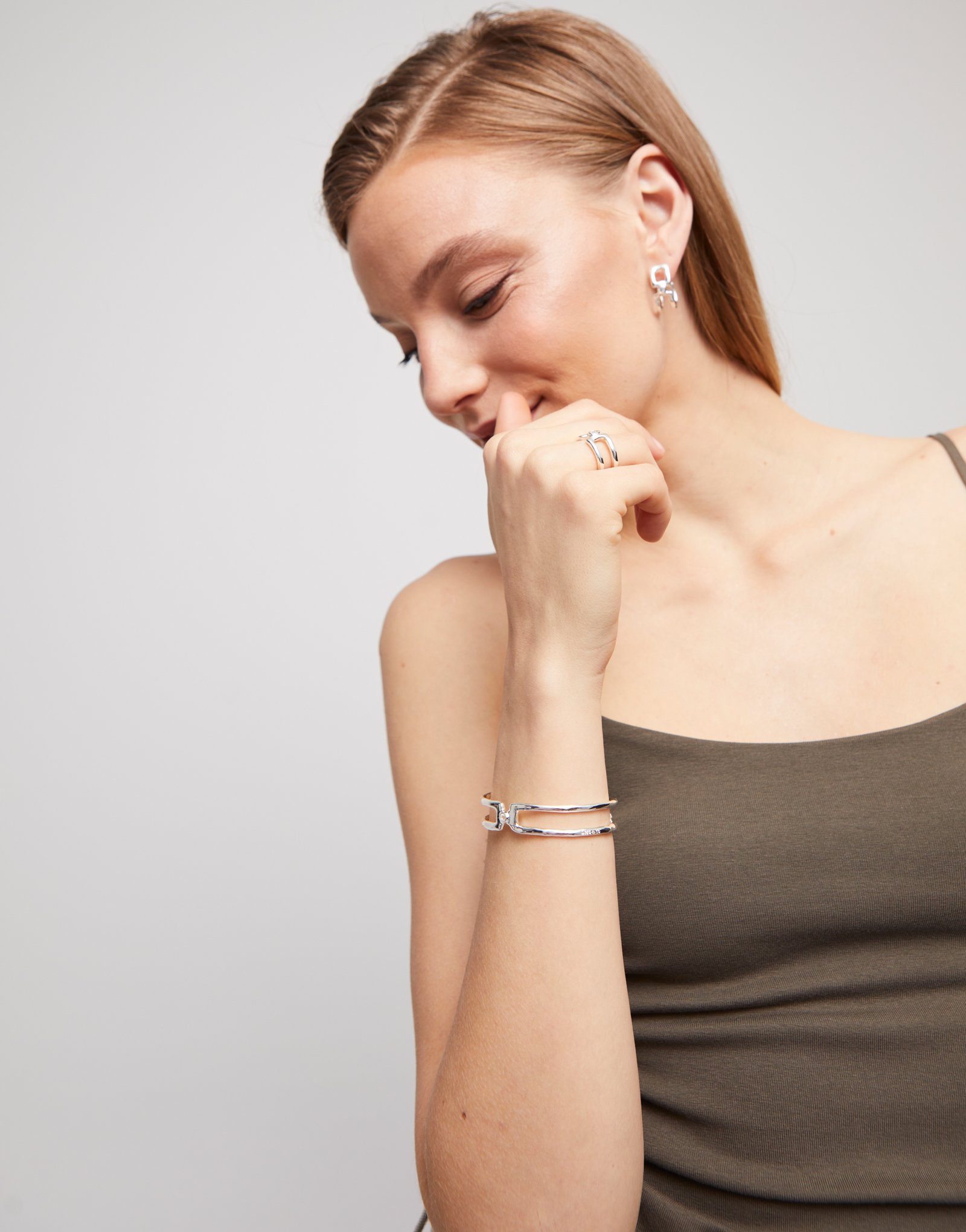 Sterling silver-plated bangle bracelet with white topaz, Silver, large thumbnail